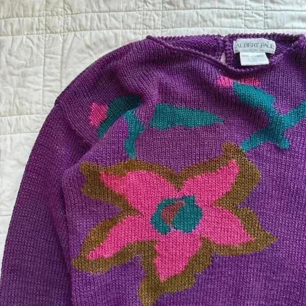 Vintage Albert Paul floral knit sweater women’s large plum purple artsy‎ boho